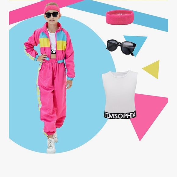 Kids  5 piece Pink 80s/90s Costume track suit with Accessories - Picture 3 of 6